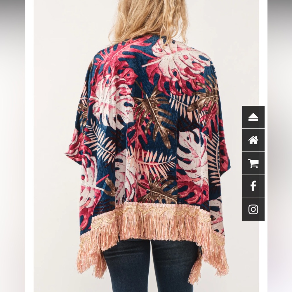 Kimono, velvet colorful print, arm holes, fringe along hemline, mid length - Picture 3 of 8